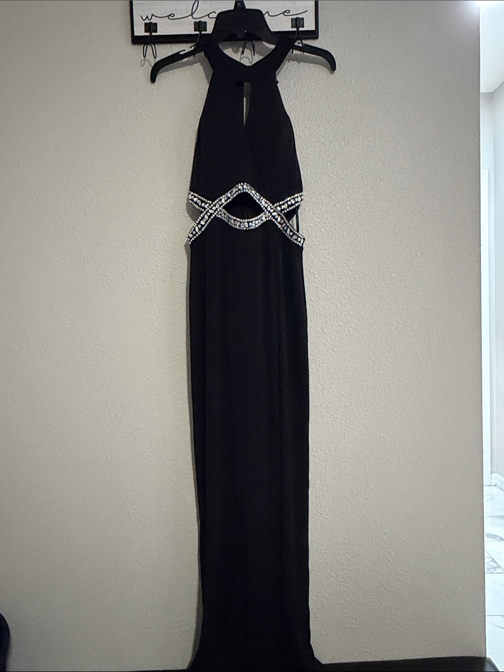 Speechless Black Maxi Halter Gown with Rhinestone Waist